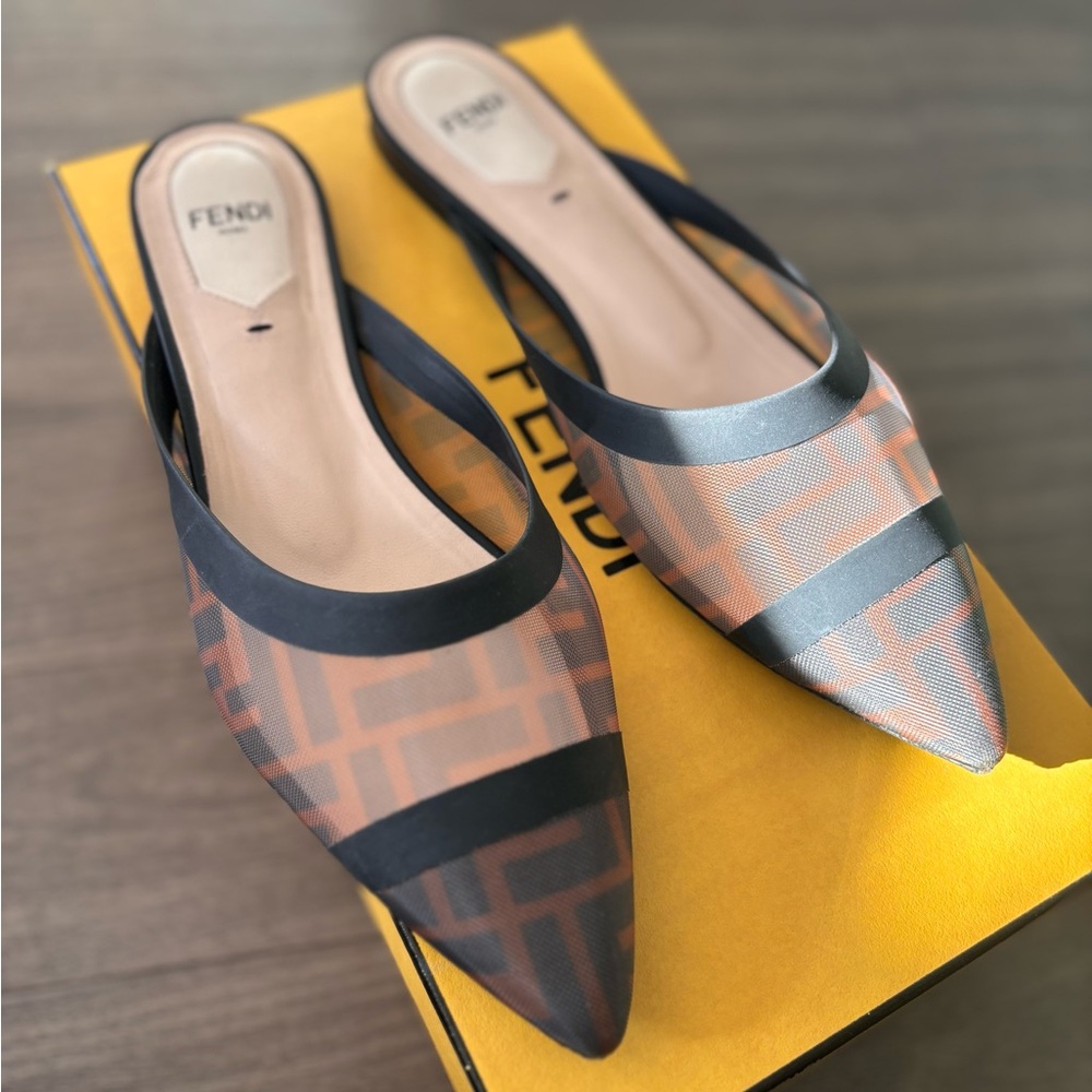 Fendi Technical Mesh Vitello FF Colibri Flat Mules